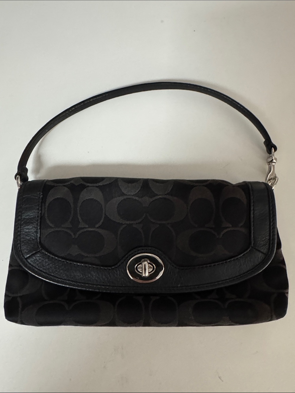 Coach Black Signature Jacquard Turnlock Shoulder Bag with Leather Trim